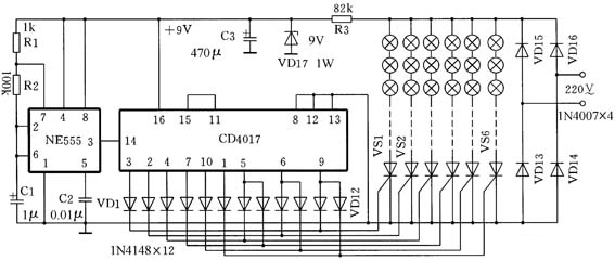 A circuit diagram of colored lights composed of a CD4017 A circuit diagram of colored lights composed of a CD4017